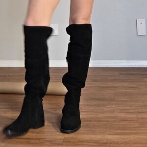 GenuineLeather Black Over-the-Knee No Heel Boots